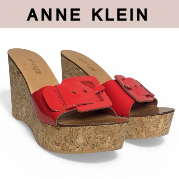 Anne Klein Shoes - ANNE KLEIN LEXA RED PATENT CORK PLATFORM WEDGE SANDALS BUCKLE SLIDE **NWT**